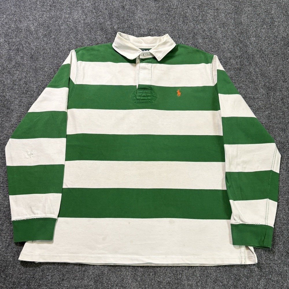 Vintage Polo Ralph Lauren Rugby Shirt Mens XL Custom Fit Green White Striped